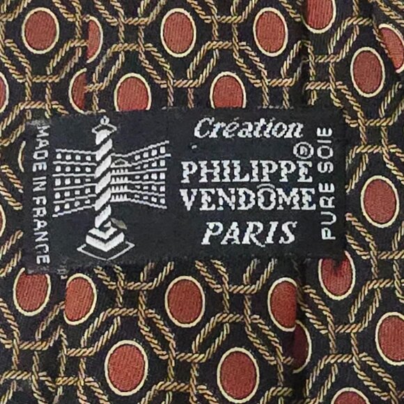 Philippe Vendome Paris Made in France Silk Necktie Black Gold Red 3 5/8" X 59" - Picture 4 of 4